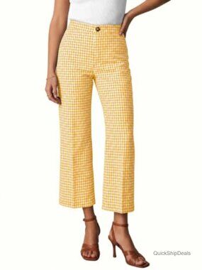 Checkered Cropped Wide Leg Trousers with Pockets High Waist Stretchy 98%